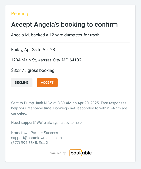 hometown dumpster rental pending booking request